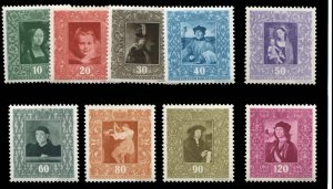 Liechtenstein #227-235 Cat$47.50, 1949 Portraits, complete set, never hinged