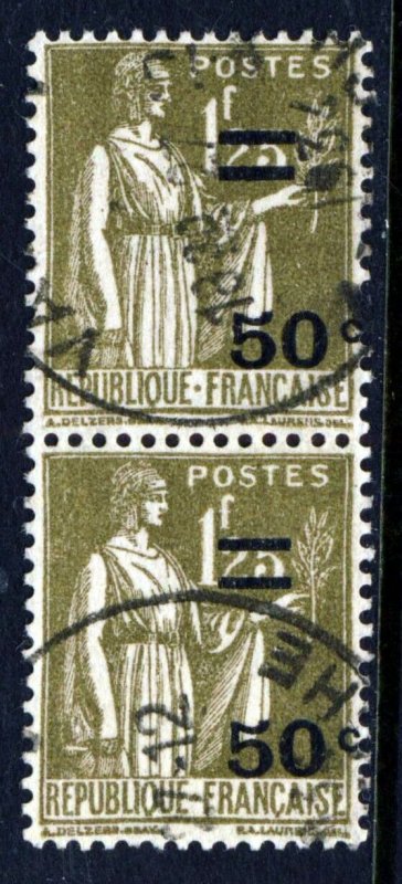 FRANCE 1934 1Fr.25c. Brown Peace Surcharged 50c. A PAIR SG 524 VFU