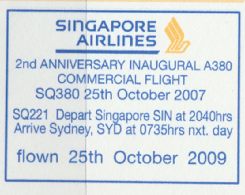 Aviation – Singapore Airlines 2nd Anniversary A380  - SIN - SYD  Flight Cov...