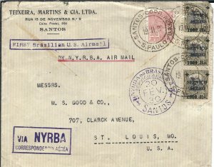 Santos, Brazil to St Louis, Mo 1930 1st US Flt, via NYRBA (47433)