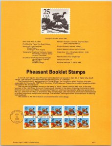 USPS SOUVENIR PAGE PHEASANT BOOKLET STAMPS (10) 1988