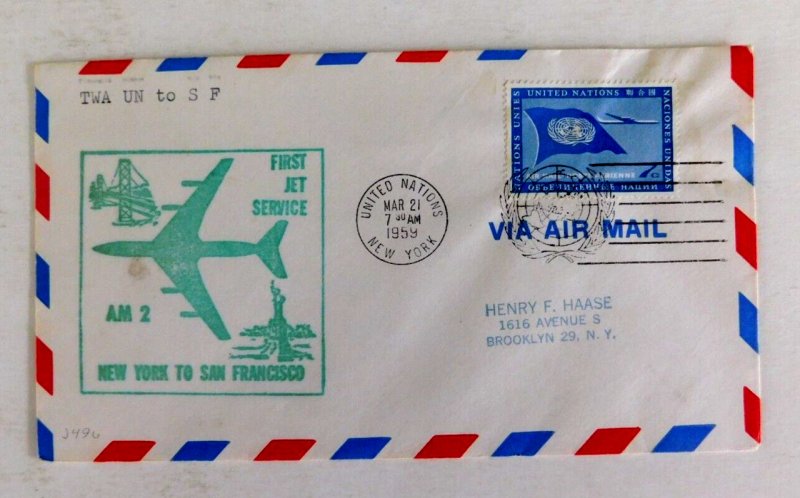 NY to San Francisco First Flight, TWA, 1959 United Nations cancel, backstamped