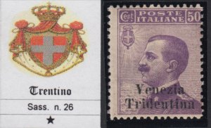 ITALY - Trentino - Sassone n.26 MH* SIGNED - cv 310$ Small overprint Varieties