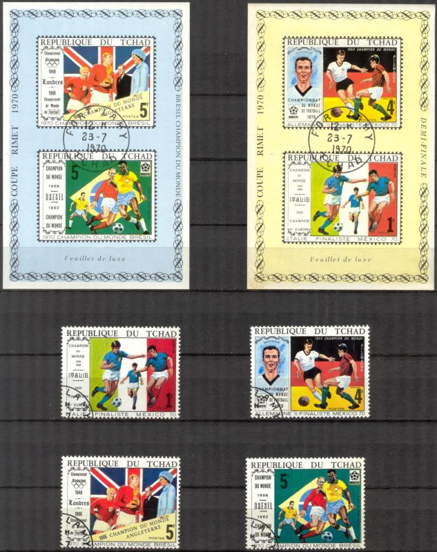 Chad 1970 Soccer Football set of 4 +2 S/S Used / CTO