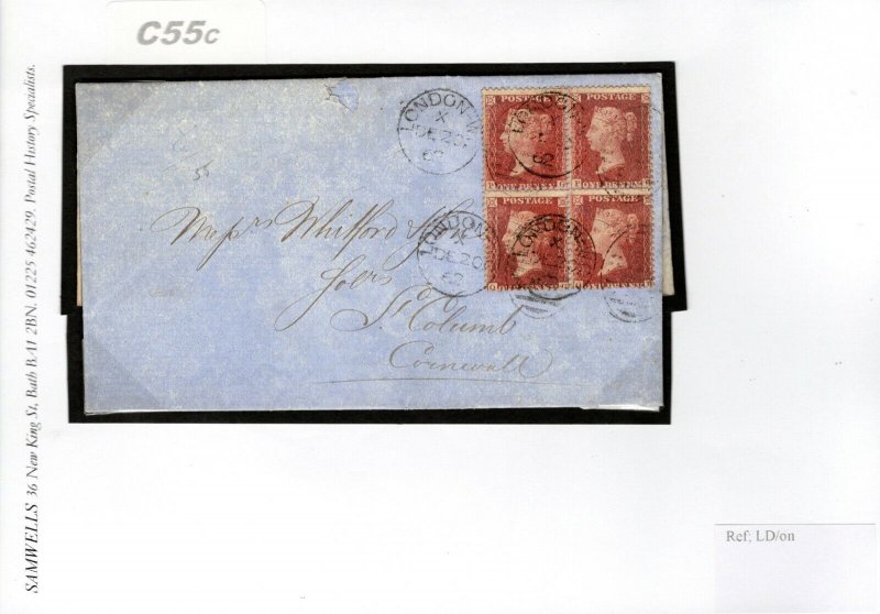 GB SG.40 Cover BLOCK OF FOUR 1d Rose-red London 1862 St.Columb Cornwall C55c 