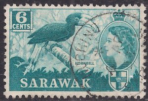 Sarawak 1955 - 59 QE2 6ct Malabar Pied Hornbill used SG 191 ( R78 )