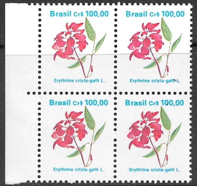 BRAZIL 1989-93 100cr Flowers Series Block of 4 Sc 2266 MNH