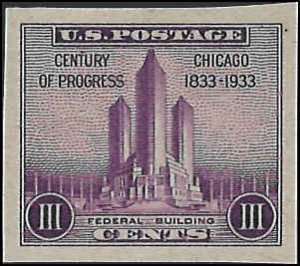 Scott# 731a  1933 3c pur  Federal Bldg. at Fair; Single Stamp   Mint Never Hi...