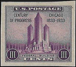Scott# 731a  1933 3c pur  Federal Bldg. at Fair; Single Stamp   Mint Never Hi...