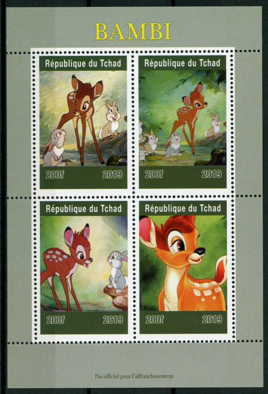 Chad 2019 MNH Bambi 4v M/S Rabbits Deer Disney Cartoons Animation Stamps