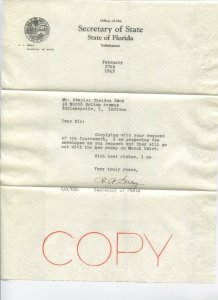 Robert Andrew Gray Florida Secretary of State Signed Cover and Letter 928p