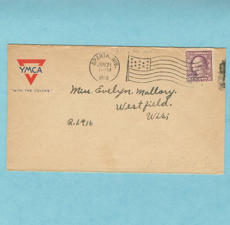 SPARTA WISCONSIN flag cancel, YMCA envelope, 1918 (3795)