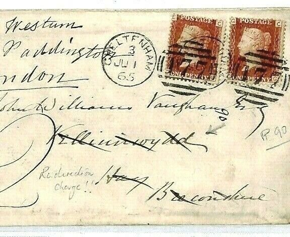 GB WALES Cover Cheltenham 1865 FORWARDED *Velinnewdd* Brecons 1d Plate 90 CS333