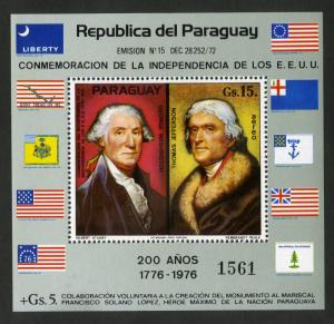 PARAGUAY 1624 MNH S/S IMPERF SCV $15.00 BIN $9.00 FLAGS, WASHINGTON & JEFFERSON