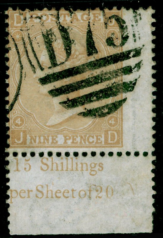 SG110, 9d straw, FINE USED. Cat £325. MARGINAL INSCRIPTION. JD 