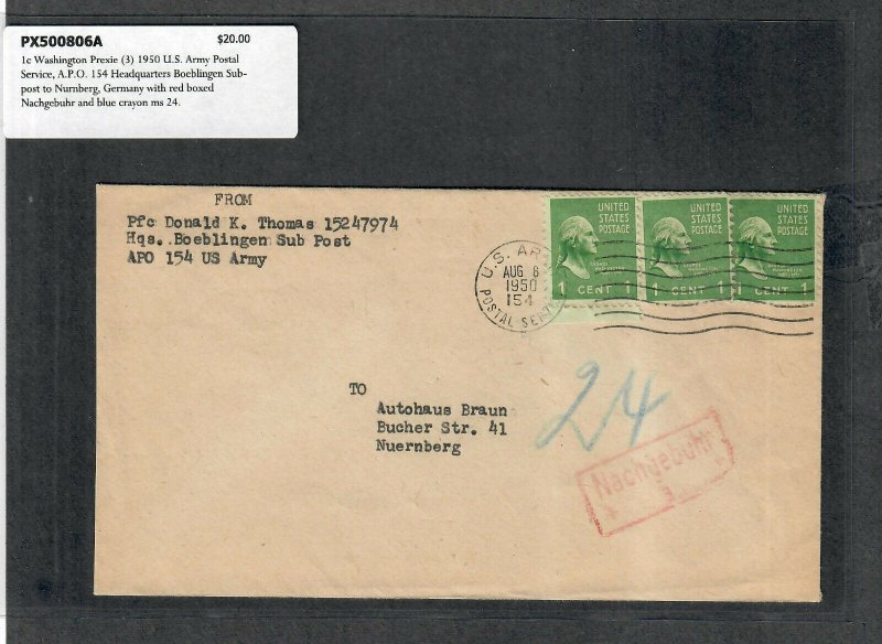 1950 Prexie Cover 1c Washington (3) US Army Postal Service A.P.O. 154