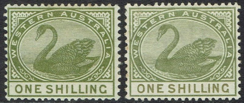 WESTERN AUSTRALIA 1885 SWAN 1/- BOTH SHADES WMK CROWN CA