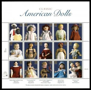 Classic American Dolls Sheet of 15 Collectible 32 Cent Postage Stamps Scott 3151