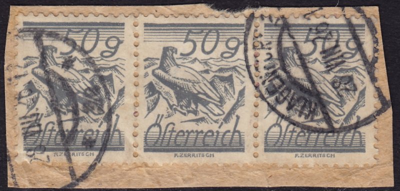 Austria - 1925 - Scott #321 - used strip of 3 on piece - Bird Golden Eagle