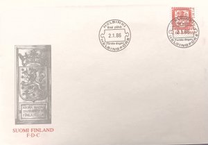 D)1986, FINLAND, FIRST DAY COVER, ISSUE, NATIONAL COAT OF FINLAND, FDC