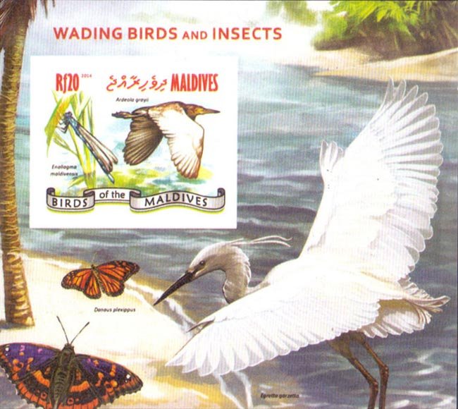 Maldives IMPERF. 2014 Wading Birds, Insects Dragonfly Mint S/S. (#03)