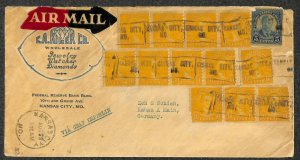 USA #602 & 603 (x12) STAMPS MISSOURI TO GERMANY GRAF ZEPPELIN ADVERT COVER 1929