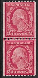 US 1916 Sc. #487 line pair top stamp HR, tiny thin, bottom stamp NH CV $120.00.