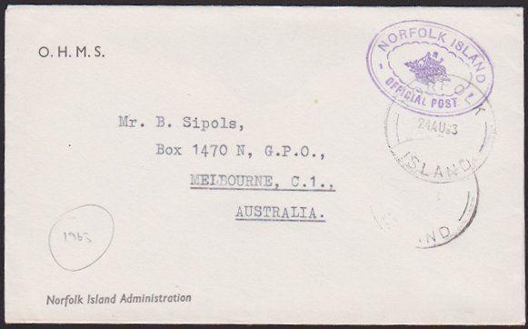 NORFOLK IS 1963 small official cover to Australia..........................67269