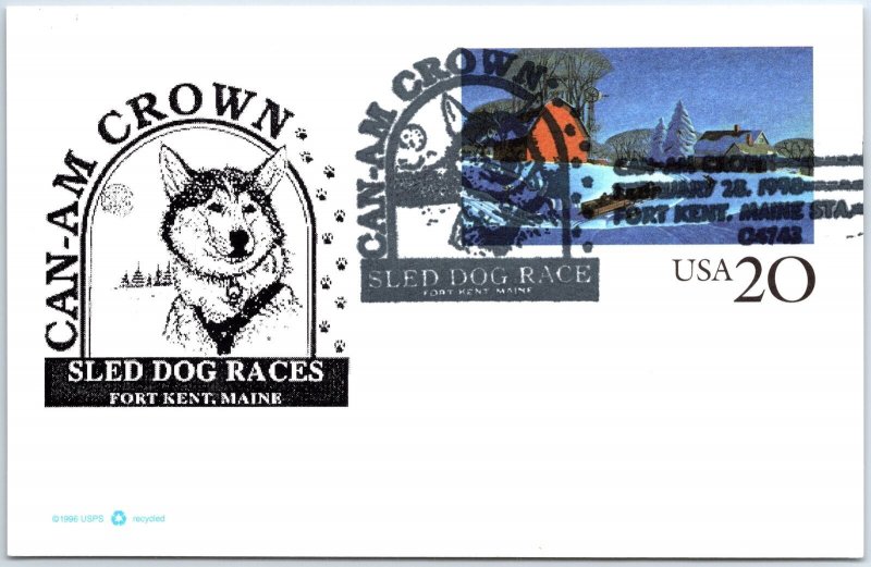 US POSTAL CARD SPECIAL POSTMARK CAN-AM-CROWN SLED DOG RACES FORT KENT MAINE 1998