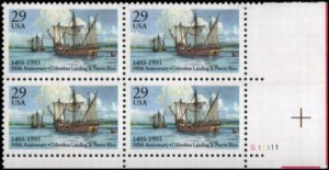 1993 Columbus Landing in Puerto Rico Plate Block of 4 29c Stamps, Sc#2805, MNH