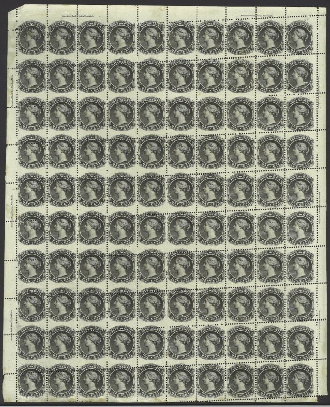 SG 18 Nova Scotia 1860-63. 1c black full sheet of 100. Most being unmounted