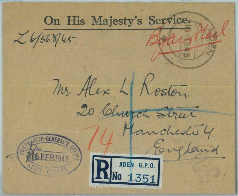 90558 -  ADEN - POSTAL HISTORY -  Official REGISTERED COVER  to  ENGLAND 1945 