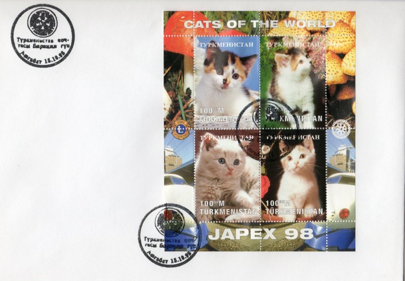 Turkmenistan 1998 YT#98/101 CATS-KITTENS-ROTARY-LIONS Shlt.(4) Perf.FDC