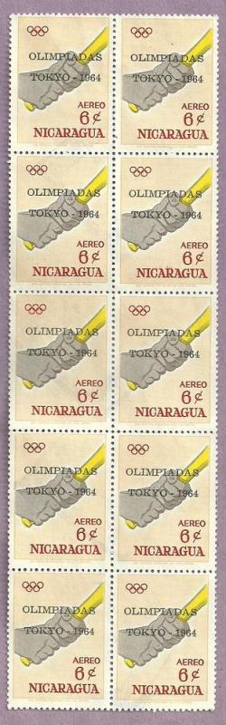 Block of 10 Used Nicaragua Stamps Tokyo Olympics 1964  C556