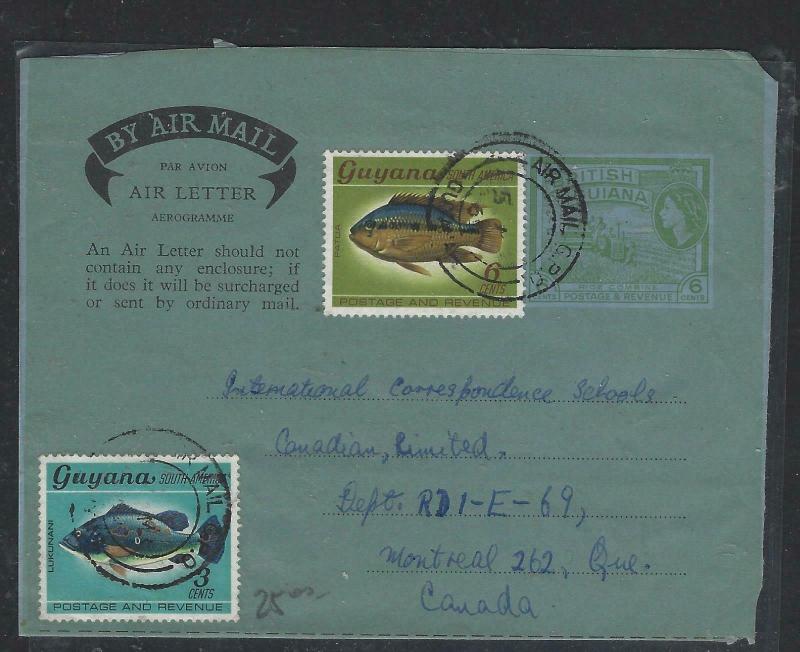 GUYANA  (PP1605B)  1969 QEII   QEII 6C  AEROGRAM +FISH 6C+3C   TO CANADA