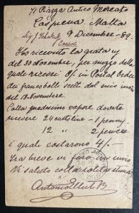 1889 Malta Postal Stationery Postcard Cover To Galata Turkey