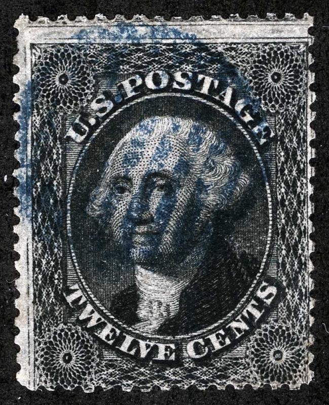 US Sc 36 Black 12¢ Plate 1 Small Blue Grid Cancel