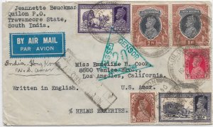 Quilon, South India to Los Angeles, Ca 1940 Pacific Clipper A/M Censored (C5563)