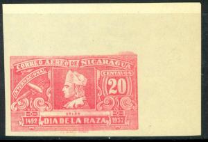 NICARAGUA 1937 20c COLUMBUS UNWATERMARKED IMPERF. Airmail Issue Sc C221avar MNG