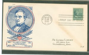 US 818 1938 13c Millard Fillmore (part of the presidential/prexy series) single on an addressed first day cover with a Washingto