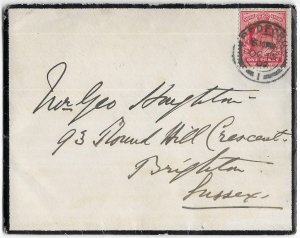 Bedford to Brighton, England 1902 Mourning Cover, Scott 128, Content, Embossed