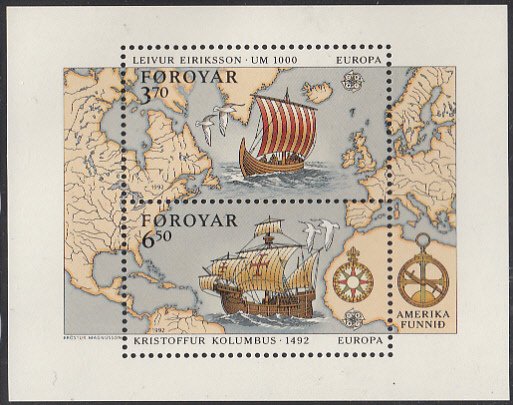 Faroe Islands 1992 MNH Sc #238 Sheet of 2 Erikson, Columbus, Ships EUROPA