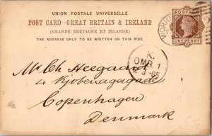 Great Britain 1d QV Postal Card 1885 Workington 2 duplex to Copenhagen, Denma...