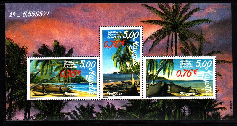 Mayotte MNH Scott #129 Souvenir sheet of 3 different Island scenes with pirog...