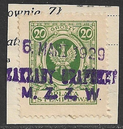 POLAND 1927 20gr Perf. 11 1/2 General Duty Revenue W/O Underprint Bft.86var VFU