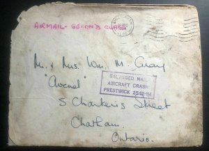 1954 England Prestwick Crash Cover to Chatham Canada Salvaged Mail Damaged