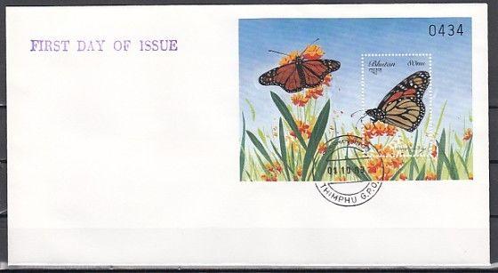 Bhutan, Scott cat. 1243. Monarch Butterfly s/sheet. First day cover.