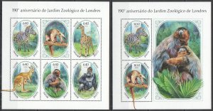 HM0811 2018 GUINEA-BISSAU LONDON ZOO ANIMALS PRIMATES ZEBRAS #10110-4+BL1741 MNH