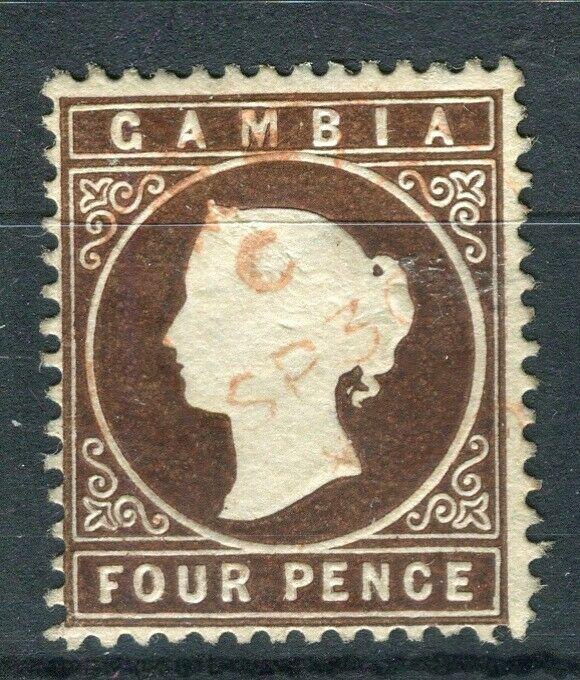 GAMBIA; 1886 early classic QV Crown CA issue fine used 4d. value, 