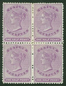 SG 48b Ceylon 1863-66. ½d reddish-lilac. Fresh mint block of 4, some re-joined..